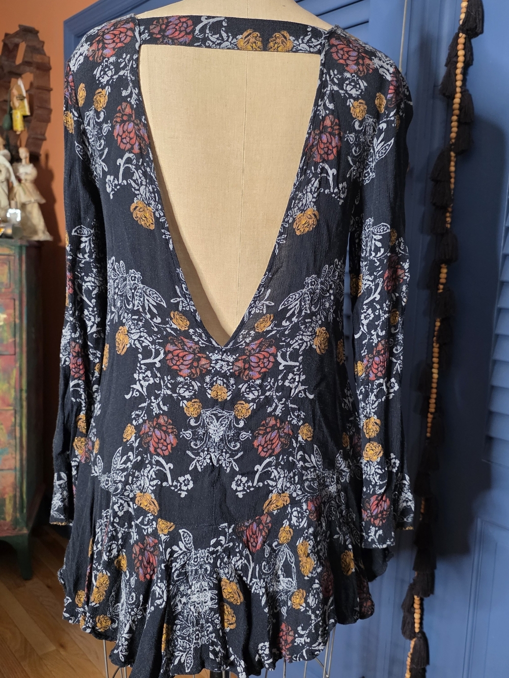 Free People Smooth Talker Tunic Mini Dress Raven Black Floral Size S Open Back - Picture 8 of 11